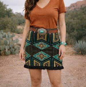 H&M Skirt Southwestern Cotton Twill 6 Fun Colorful Beaded Fringe Hem Aztec Boho